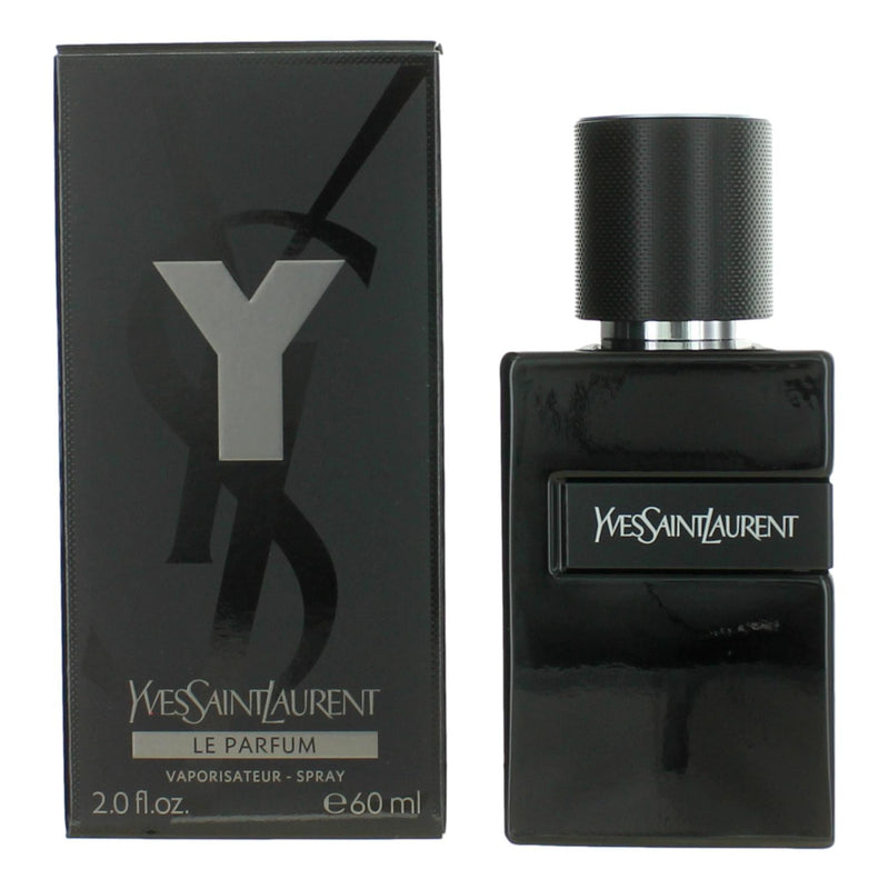 Y Le Parfum Yves Saint Laurent men's 2 oz Eau de Parfum spray bottle with sleek black packaging and silver accents.